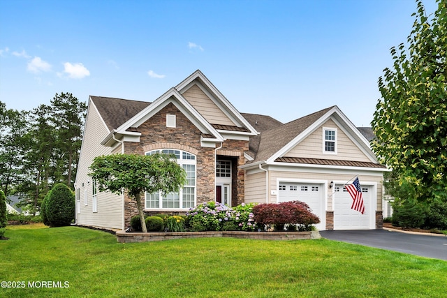 6 Cameron Ct, Forked River, NJ 08731 - view of front of property with stone siding, asphalt driveway, a front lawn, a shingled roof, and a standing seam roof
