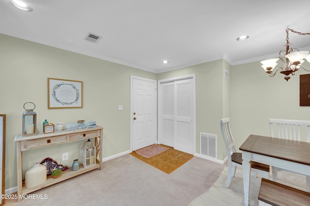 54 Chinkaberry Ct, Howell, NJ 07731 - entrance foyer featuring a chandelier, ornamental molding, carpet flooring, and recessed lighting