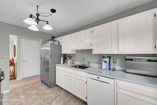 54 Chinkaberry Ct, Howell, NJ 07731 - kitchen featuring dishwasher, stainless steel fridge with ice dispenser, light countertops, white cabinetry, and a chandelier