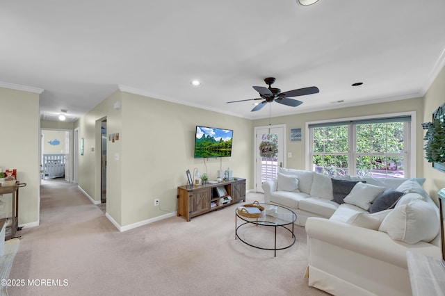 54 Chinkaberry Ct, Howell, NJ 07731 - living room with crown molding, a ceiling fan, light colored carpet, and recessed lighting