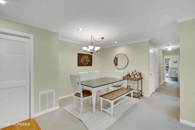 54 Chinkaberry Ct, Howell, NJ 07731 - dining area featuring a chandelier, ornamental molding, carpet floors, recessed lighting, and attic access