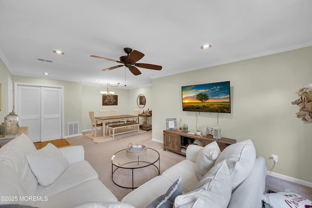 54 Chinkaberry Ct, Howell, NJ 07731 - living area featuring recessed lighting, a ceiling fan, light colored carpet, and ornamental molding