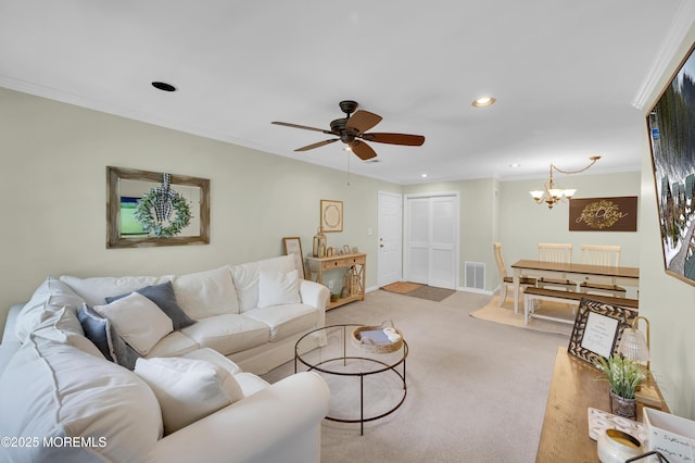 54 Chinkaberry Ct, Howell, NJ 07731 - carpeted living area with ornamental molding, a chandelier, ceiling fan, and recessed lighting