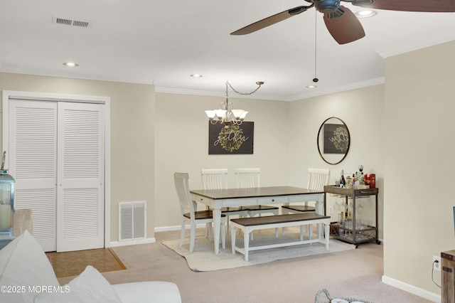 54 Chinkaberry Ct, Howell, NJ 07731 - carpeted dining room with a ceiling fan, a chandelier, ornamental molding, and recessed lighting
