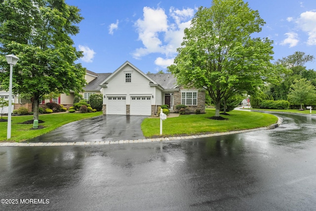 160 Kyle Ct Unit 160, Monroe, NJ 08831 - view of front of home featuring asphalt driveway, a front yard, stone siding, and an attached garage