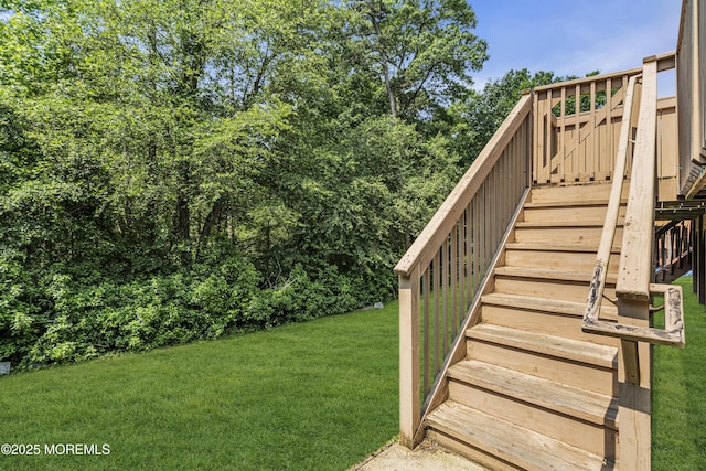 106 Aspen Ct, Lakewood, NJ 08701 - view of grassy yard featuring stairs and a deck