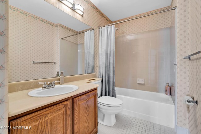 1091A Canterbury Dr, Manchester, NJ 08759 - bathroom featuring tile patterned flooring, shower / bathtub combination with curtain, vanity, and wallpapered walls
