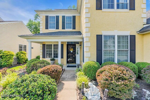 19 Carleton Dr, Freehold, NJ 07728 - view of exterior entry with stucco siding and covered porch