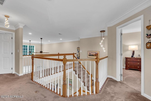 19 Carleton Dr, Freehold, NJ 07728 - hallway featuring carpet flooring, an upstairs landing, ornamental molding, and recessed lighting