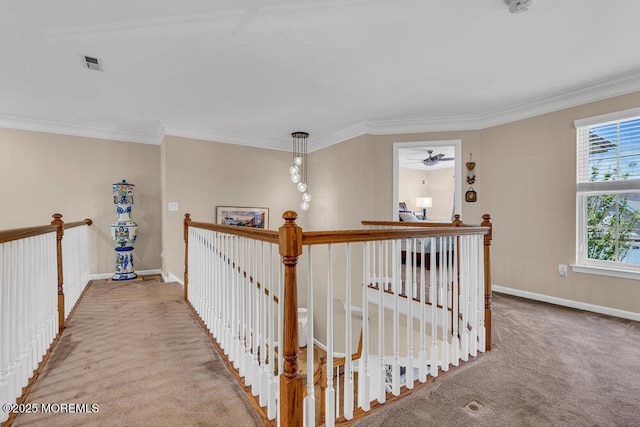 19 Carleton Dr, Freehold, NJ 07728 - hall featuring an upstairs landing, carpet floors, and crown molding