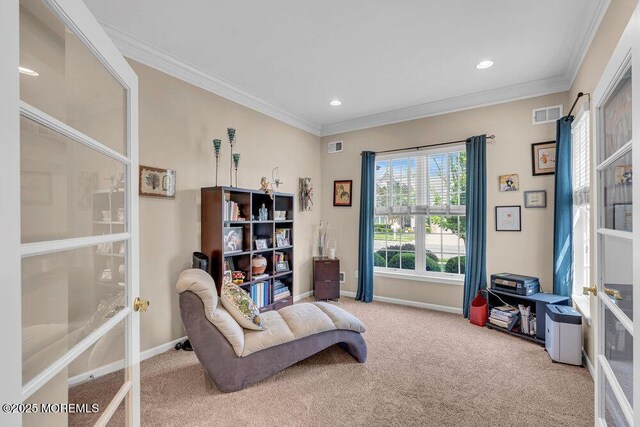 19 Carleton Dr, Freehold, NJ 07728 - living area with carpet floors, crown molding, recessed lighting, and french doors