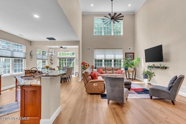 19 Carleton Dr, Freehold, NJ 07728 - living area with a ceiling fan, light wood-type flooring, healthy amount of natural light, recessed lighting, and crown molding