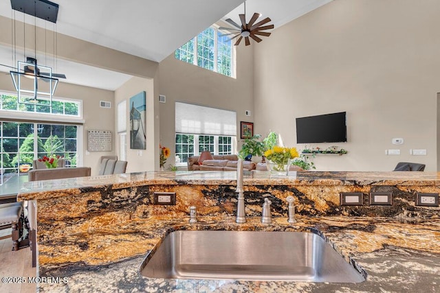 19 Carleton Dr, Freehold, NJ 07728 - kitchen with open floor plan, healthy amount of natural light, stone counters, and a towering ceiling