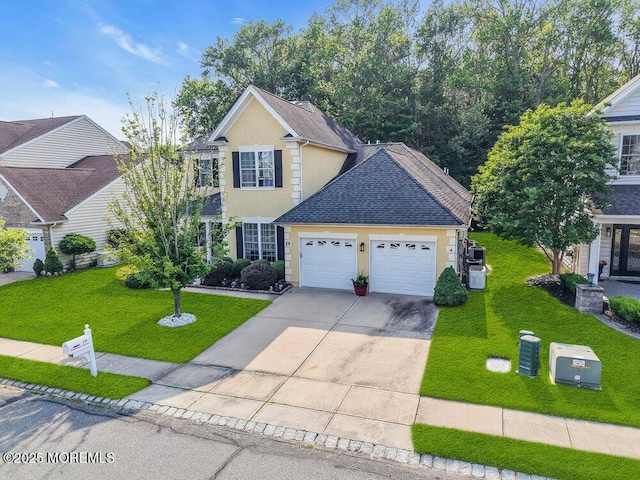 19 Carleton Dr, Freehold, NJ 07728 - traditional home featuring an attached garage, a front yard, concrete driveway, stucco siding, and roof with shingles