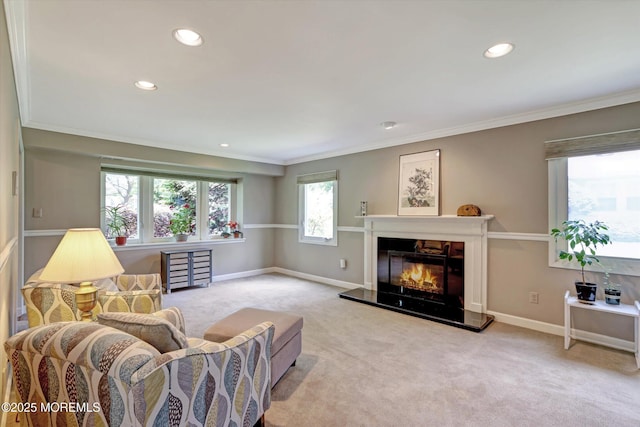 7 Owens Rd, Marlboro, NJ 07746 - carpeted living area with recessed lighting, crown molding, and a glass covered fireplace