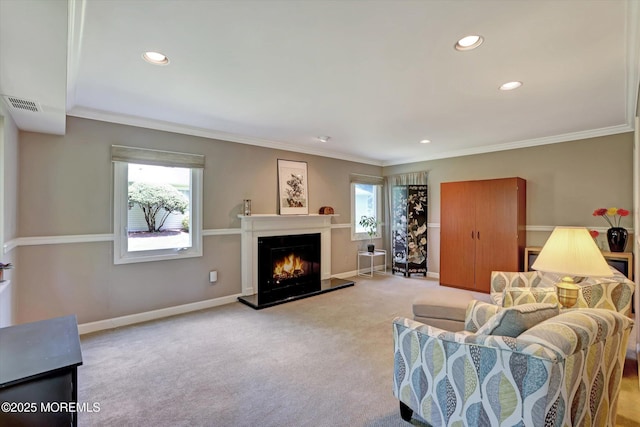 7 Owens Rd, Marlboro, NJ 07746 - carpeted living room featuring recessed lighting, a warm lit fireplace, and crown molding