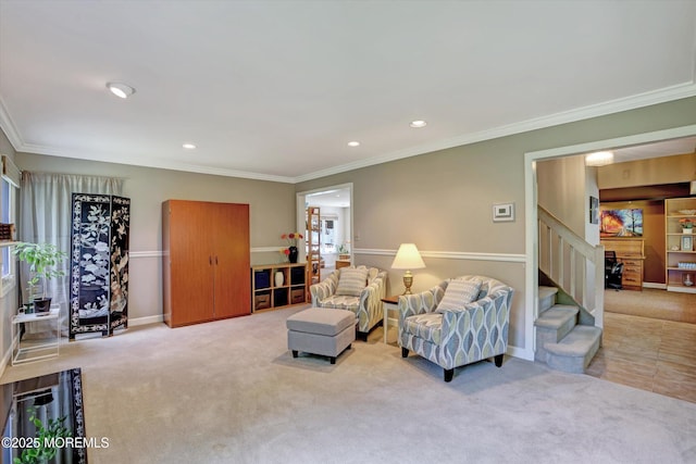 7 Owens Rd, Marlboro, NJ 07746 - carpeted living area featuring ornamental molding, stairs, and recessed lighting