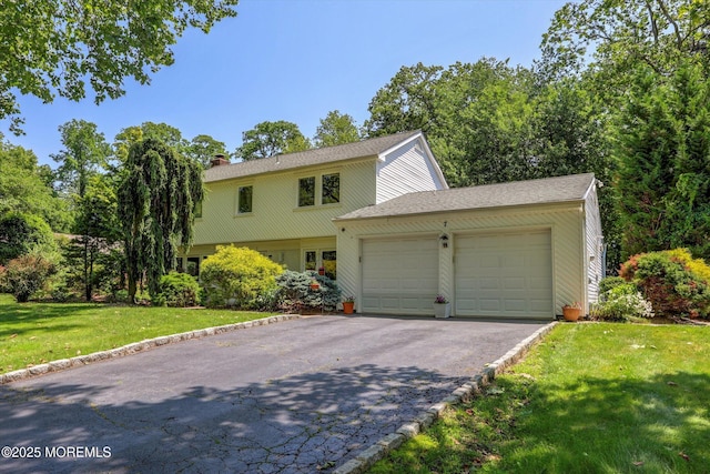 7 Owens Rd, Marlboro, NJ 07746 - view of front of home featuring an attached garage, asphalt driveway, a front lawn, and a chimney