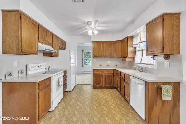 11 Garland Dr, Brick, NJ 08724 - kitchen featuring white appliances, under cabinet range hood, ceiling fan, a baseboard radiator, and brown cabinetry
