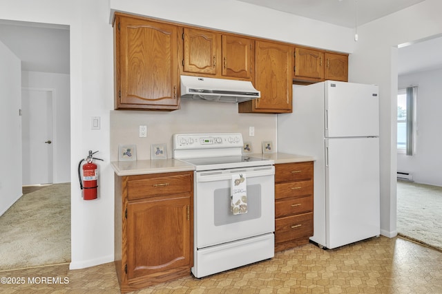 11 Garland Dr, Brick, NJ 08724 - kitchen featuring white appliances, under cabinet range hood, light colored carpet, a baseboard radiator, and brown cabinetry