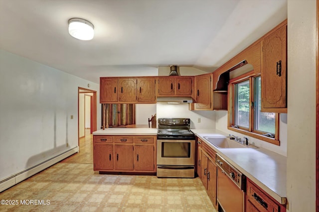 192 Crescent Ave, Jackson, NJ 08527 - kitchen featuring stainless steel electric range, baseboard heating, under cabinet range hood, light flooring, and dishwashing machine
