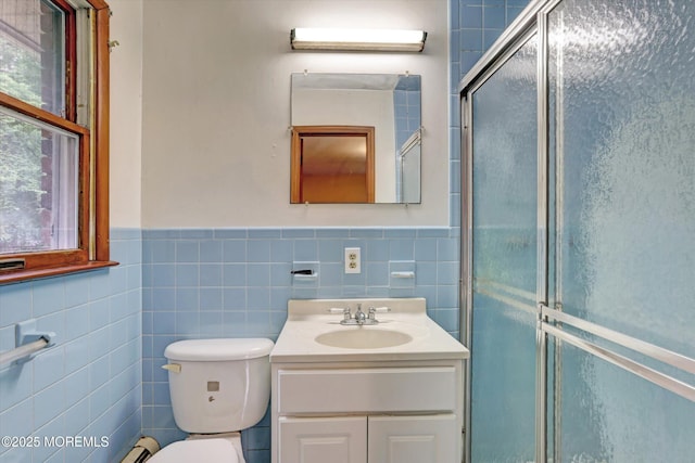 192 Crescent Ave, Jackson, NJ 08527 - full bath with vanity, a shower stall, tile walls, and wainscoting