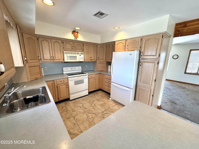 219 Newark Rd S, Barnegat, NJ 08005 - kitchen featuring white appliances, light countertops, recessed lighting, light carpet, and light brown cabinetry
