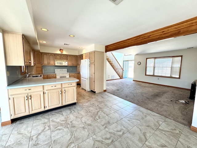 219 Newark Rd S, Barnegat, NJ 08005 - kitchen featuring white appliances, light carpet, open floor plan, a peninsula, and light countertops