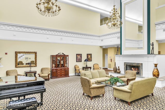 44 Autumntide Dr, Lakewood, NJ 08701 - carpeted living room with a chandelier, a fireplace, and a towering ceiling
