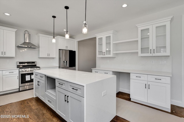 413B Lake Shr, Brick, NJ 08723 - kitchen with appliances with stainless steel finishes, wall chimney range hood, open shelves, white cabinetry, and dark wood-style floors