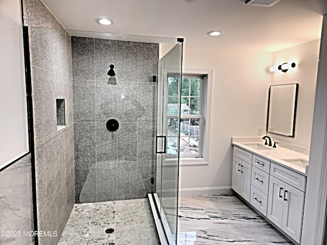 413B Lake Shr, Brick, NJ 08723 - bathroom featuring a stall shower, double vanity, recessed lighting, and marble finish flooring