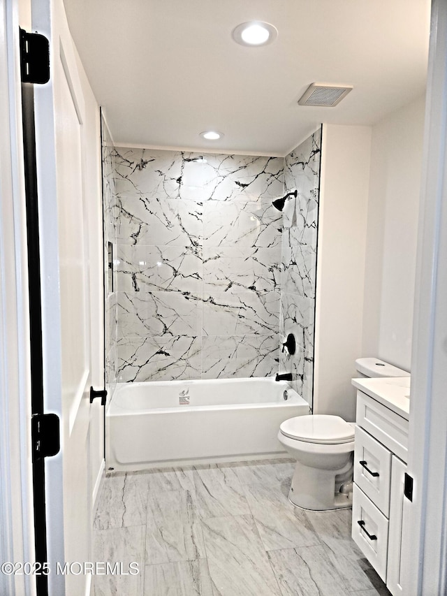 413B Lake Shr, Brick, NJ 08723 - full bathroom with vanity, recessed lighting,  shower combination, and marble look tile flooring