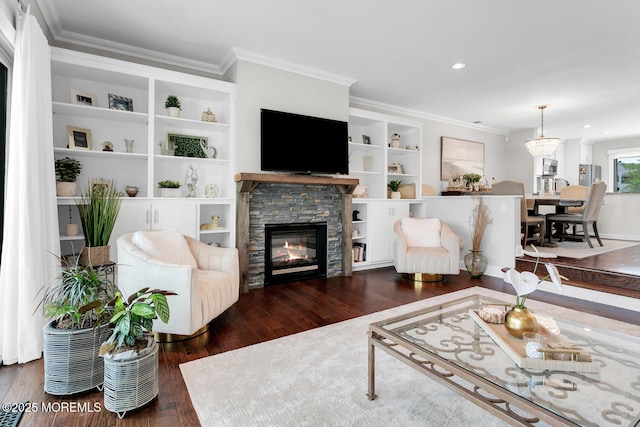 7 Navesink Ct, Long Branch, NJ 07740 - living room featuring crown molding, a fireplace, wood finished floors, built in features, and recessed lighting