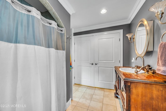 1108 Emory St, Asbury Park, NJ 07712 - full bathroom featuring crown molding, vanity, tile patterned floors, recessed lighting, and a shower with curtain