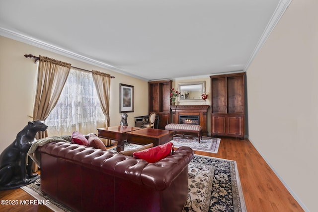 74 Kingsley Way, Freehold, NJ 07728 - living room featuring crown molding, a warm lit fireplace, and wood finished floors