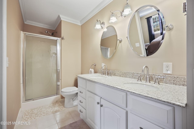 74 Kingsley Way, Freehold, NJ 07728 - full bathroom featuring double vanity, a shower stall, tile patterned flooring, and crown molding
