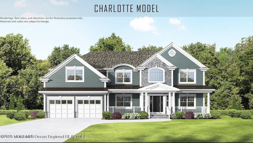 821 Naryshkin Way, Toms River, NJ 08753 - view of front of house featuring a garage, driveway, covered porch, a front yard, and a metal roof