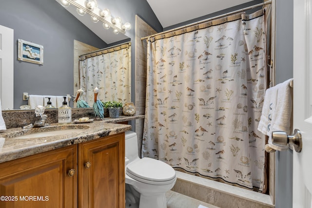 702 Saint Louis Ave, Point Pleasant Beach, NJ 08742 - full bathroom with vanity, a shower with curtain, lofted ceiling, and tile patterned floors