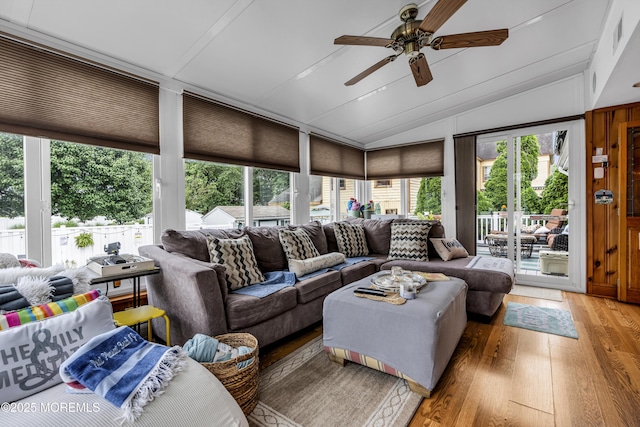 702 Saint Louis Ave, Point Pleasant Beach, NJ 08742 - living room with vaulted ceiling, ceiling fan, and light wood-style floors