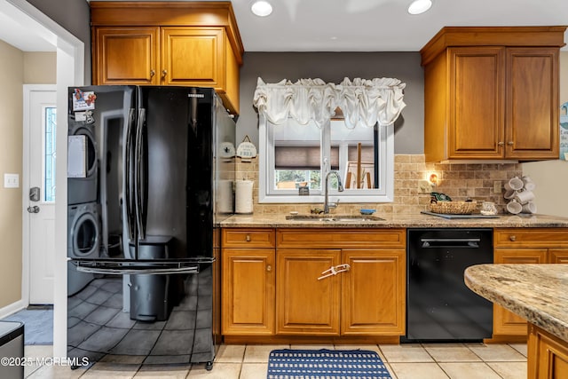 702 Saint Louis Ave, Point Pleasant Beach, NJ 08742 - kitchen with black appliances, light stone counters, brown cabinetry, decorative backsplash, and recessed lighting