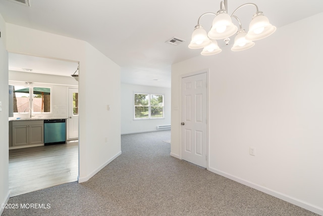 19 Cedar Ave, Manahawkin, NJ 08050 - unfurnished room featuring carpet floors, a chandelier, and a baseboard heating unit