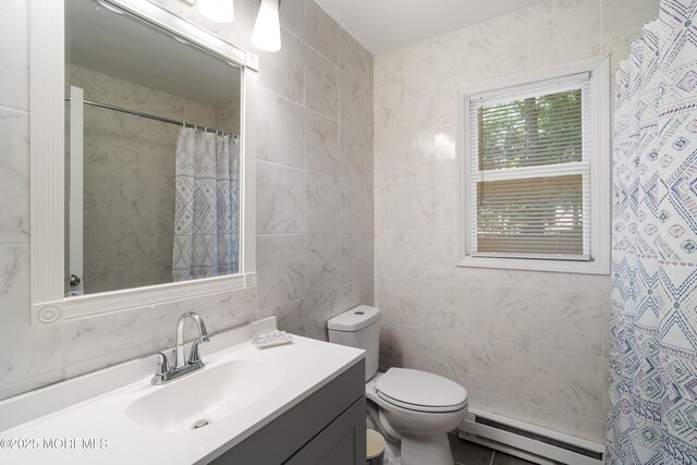19 Cedar Ave, Manahawkin, NJ 08050 - bathroom with a baseboard radiator, tile walls, vanity, and a shower with curtain
