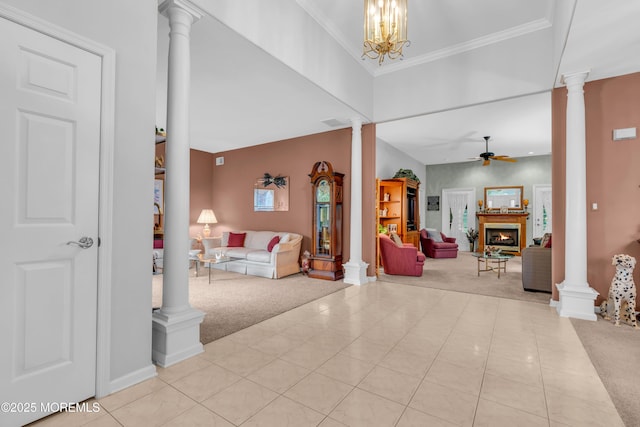 11 High Hill Ct, Manchester, NJ 08759 - carpeted foyer with decorative columns, ceiling fan, a lit fireplace, and tile patterned flooring