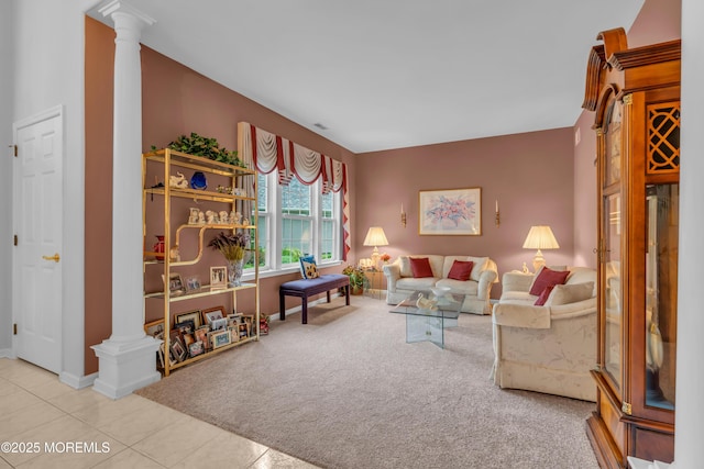 11 High Hill Ct, Manchester, NJ 08759 - carpeted living area featuring decorative columns and tile patterned flooring