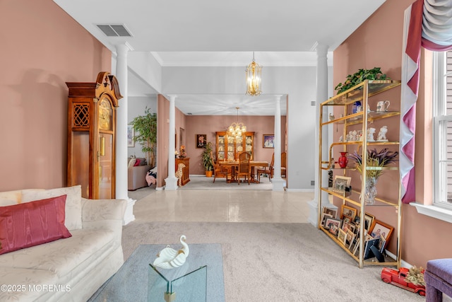 11 High Hill Ct, Manchester, NJ 08759 - living room featuring a chandelier, decorative columns, ornamental molding, and carpet flooring