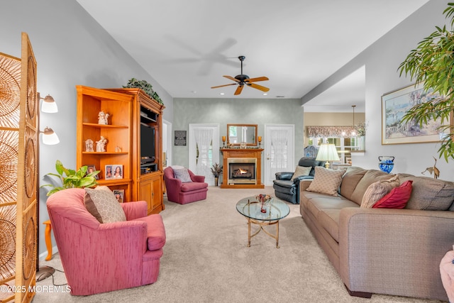 11 High Hill Ct, Manchester, NJ 08759 - living area featuring carpet floors, a ceiling fan, a fireplace with flush hearth, and recessed lighting