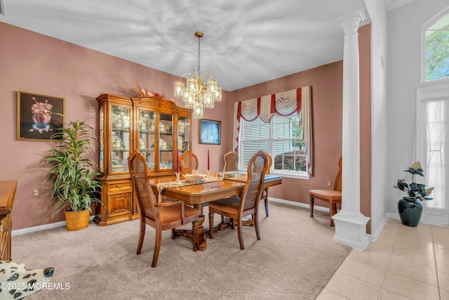 11 High Hill Ct, Manchester, NJ 08759 - dining space featuring ornate columns, a chandelier, light carpet, and light tile patterned flooring