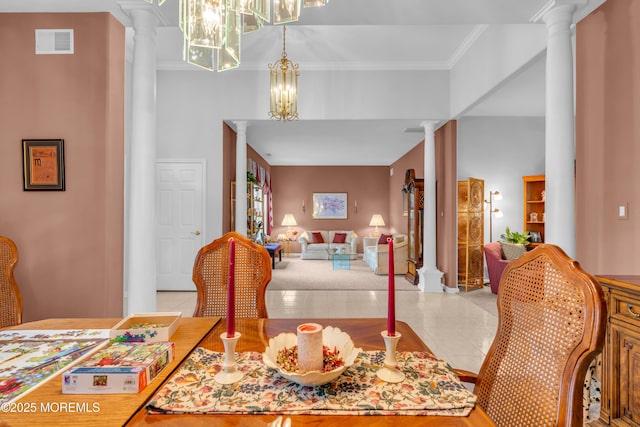 11 High Hill Ct, Manchester, NJ 08759 - dining area with decorative columns, tile patterned floors, and ornamental molding