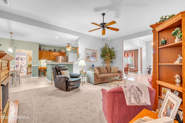 11 High Hill Ct, Manchester, NJ 08759 - living area with ceiling fan, recessed lighting, a fireplace, and light colored carpet