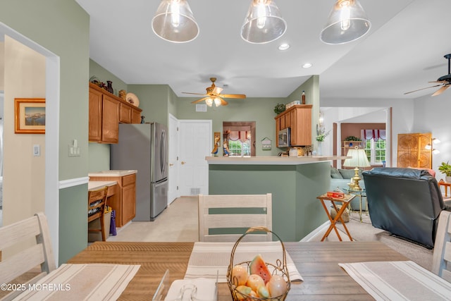 11 High Hill Ct, Manchester, NJ 08759 - dining area featuring a ceiling fan, light carpet, and recessed lighting
